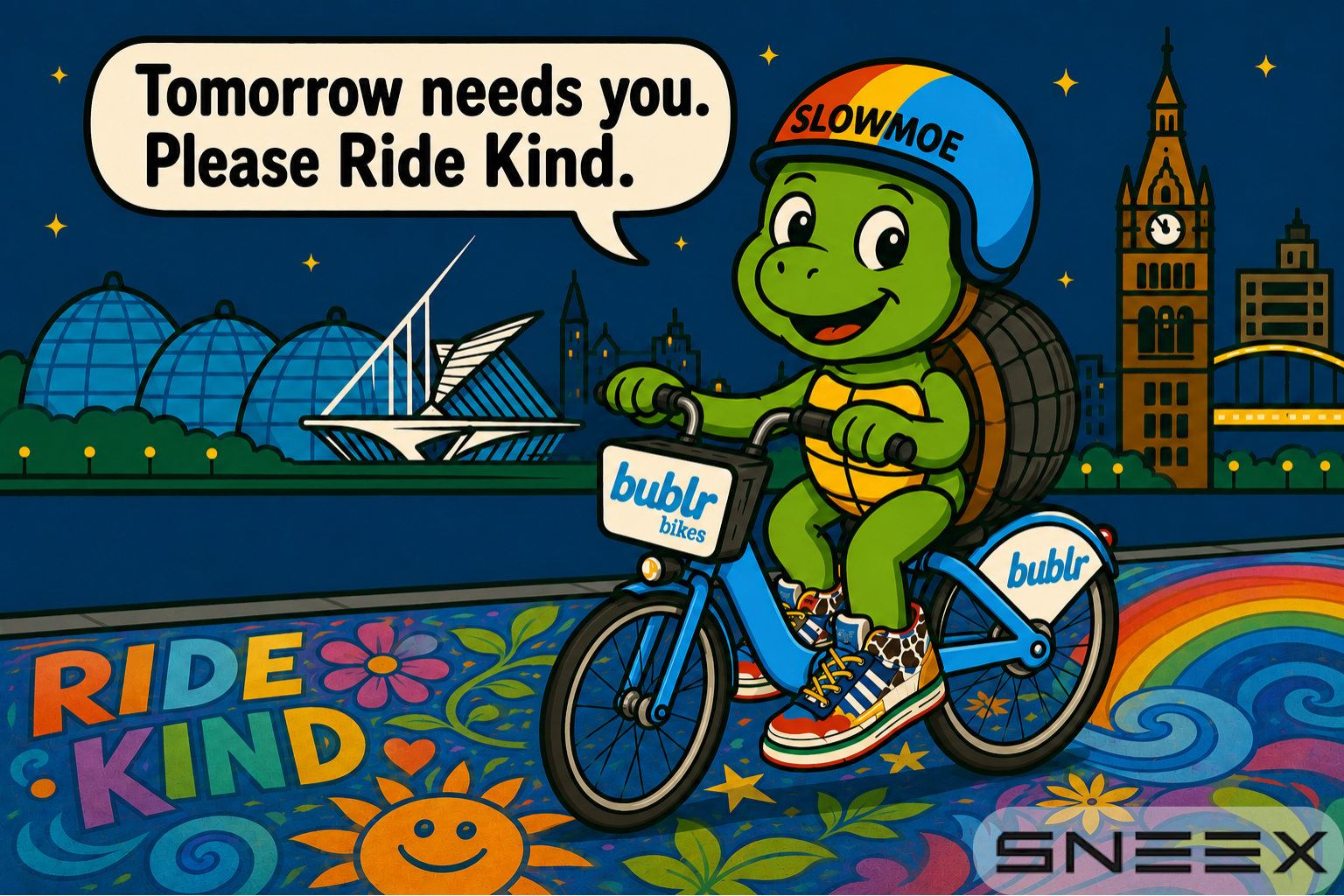 SlowMoe the Turtle riding a Bublr bike with the message Tomorrow Needs You. Please Ride Kind. Art by SNEEX.